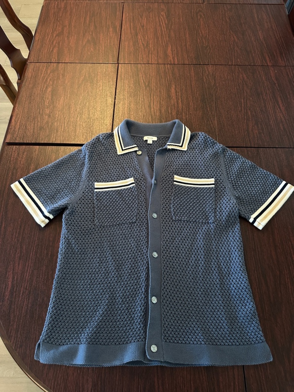 Reiss Blue Short-Sleeve Textured Knit Polo with White Trim